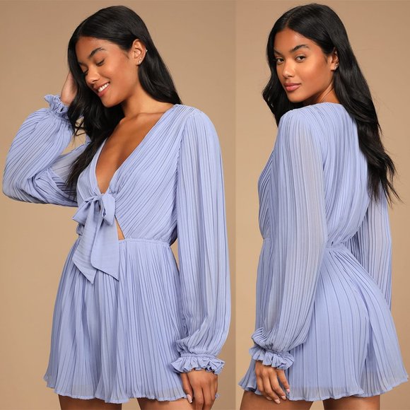 Lulus Light Blue Pleated Long Sleeve Romper - Picture 1 of 4
